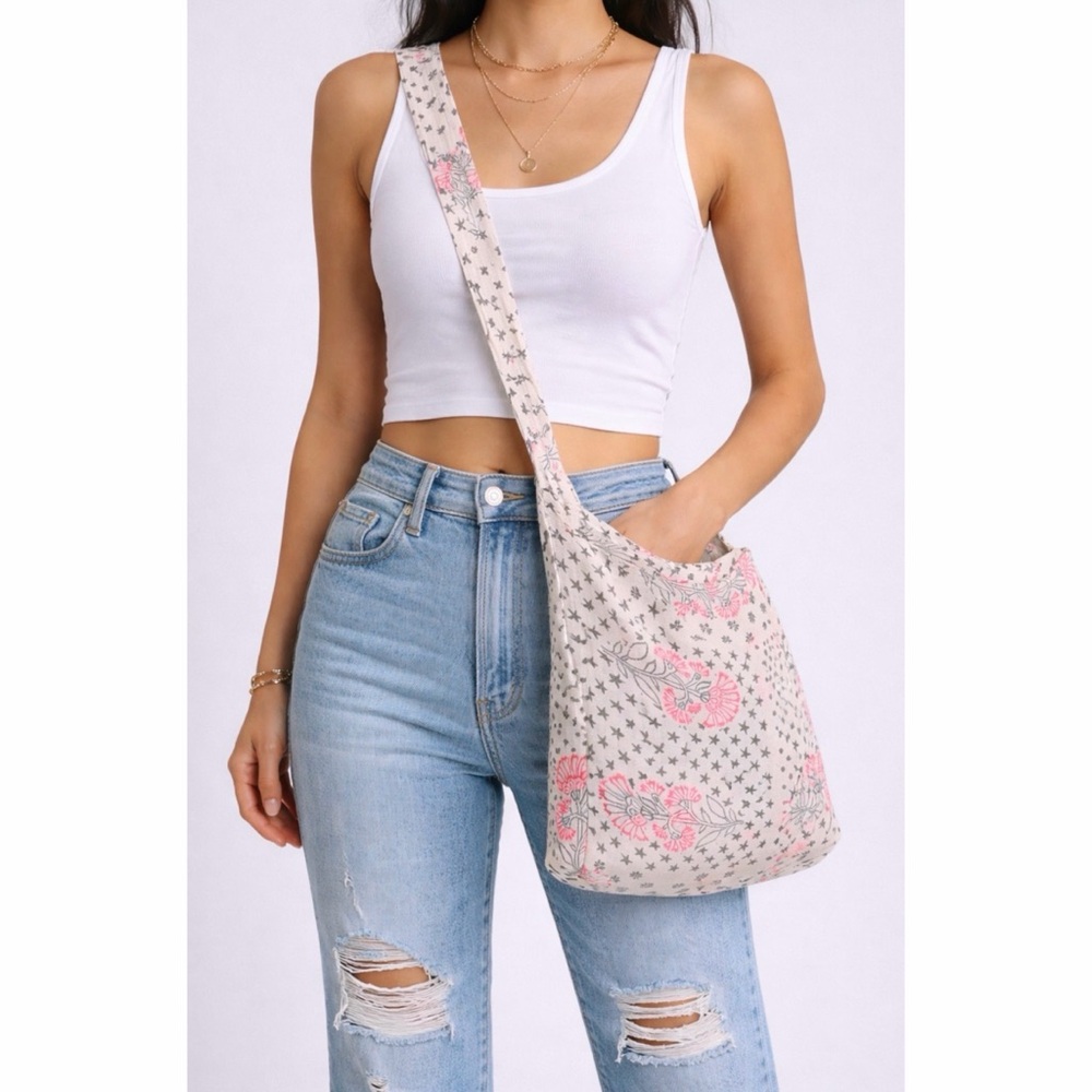 FREE PEOPLE • White/Neon Pink/Black Floral Printed Semi-Sheer Hobo Tote Bag, OS